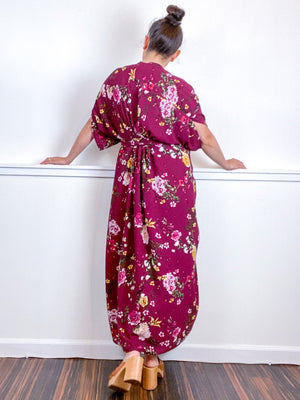 Print High Low Kimono Maroon Floral Bubble Crepe