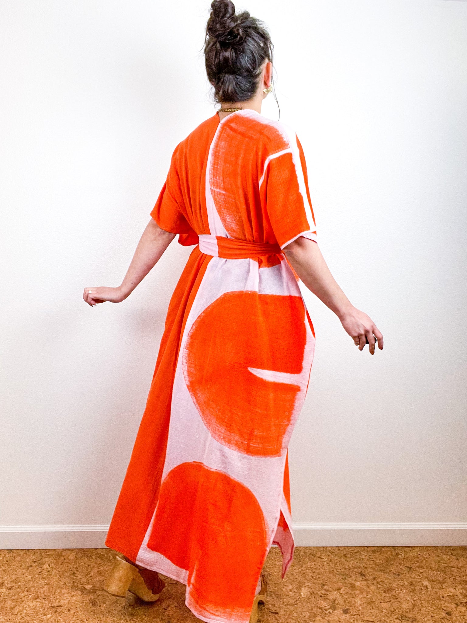 Single Gauze Duster Kimono Orange Blush Brushstrokes
