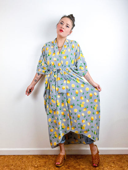 High Low Kimono Lemon Stripes Rayon Challis
