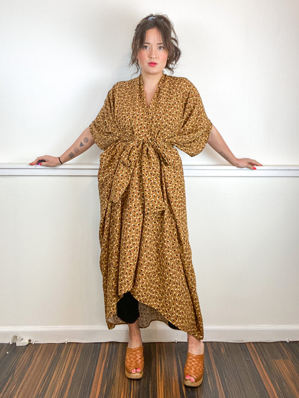 Print High Low Kimono Black Bronze Graphic Rayon Challis