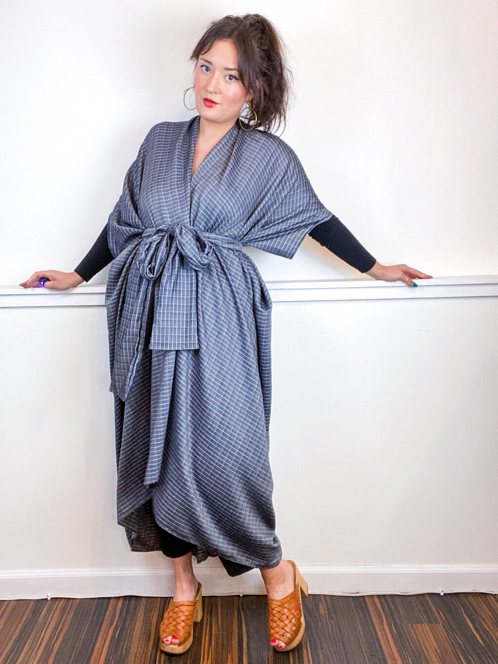 Print High Low Kimono Grey Woven Rayon