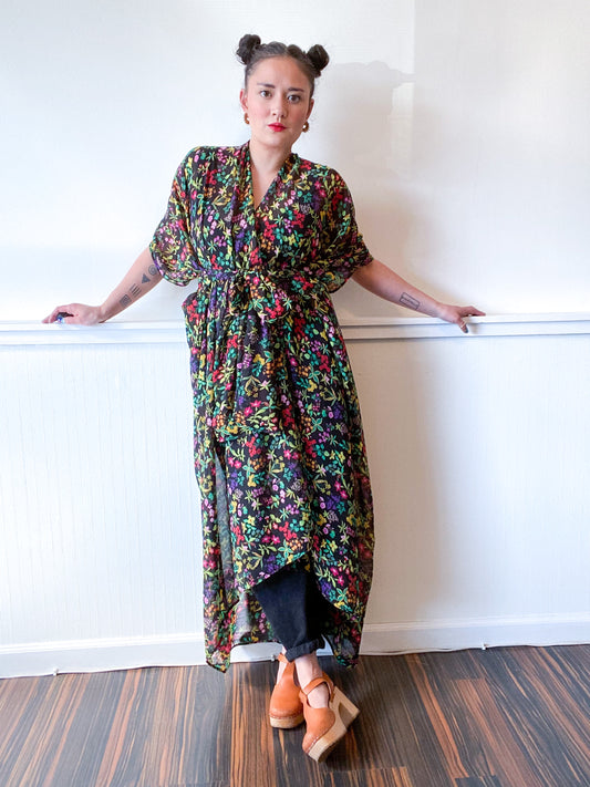 Print High Low Kimono Black Multicolor Floral Crinkle Chiffon