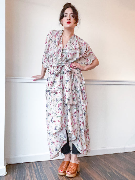 Print High Low Kimono Taupe Rose Mini Floral
