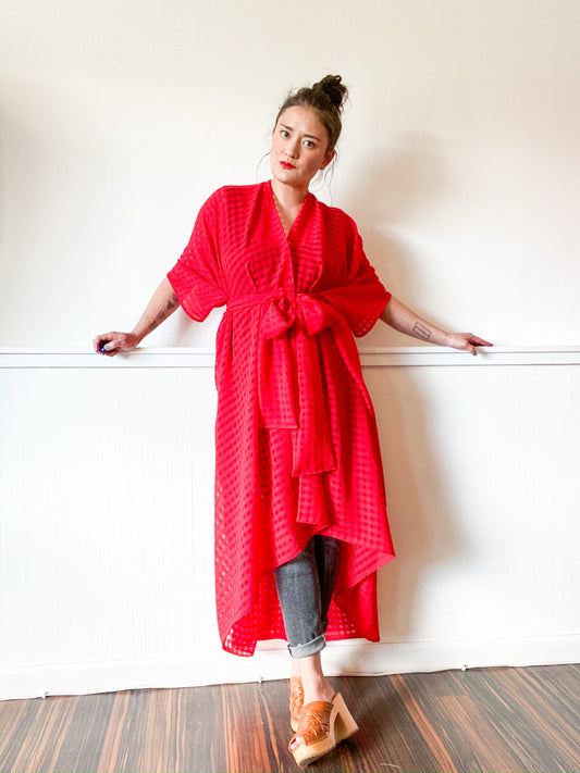 Print High Low Kimono Red Gingham Chiffon