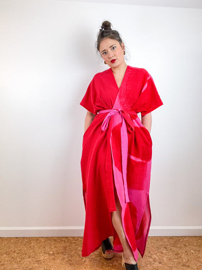 Single Gauze Duster Kimono Scarlet Fuchsia Brushstrokes