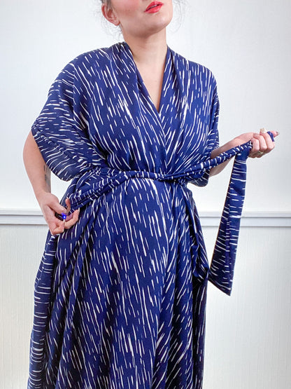 Print High Low Kimono Navy Lines Challis