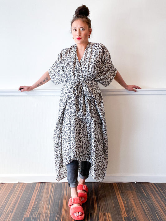 Print High Low Kimono Black White Mini Floral Crepe de Chine