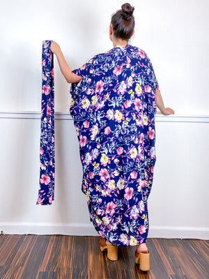 Print High Low Kimono Navy Pink Floral Rayon Challis