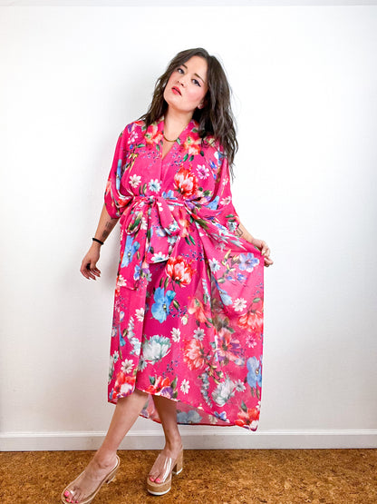 Print High Low Kimono Fuchsia Floral Chiffon