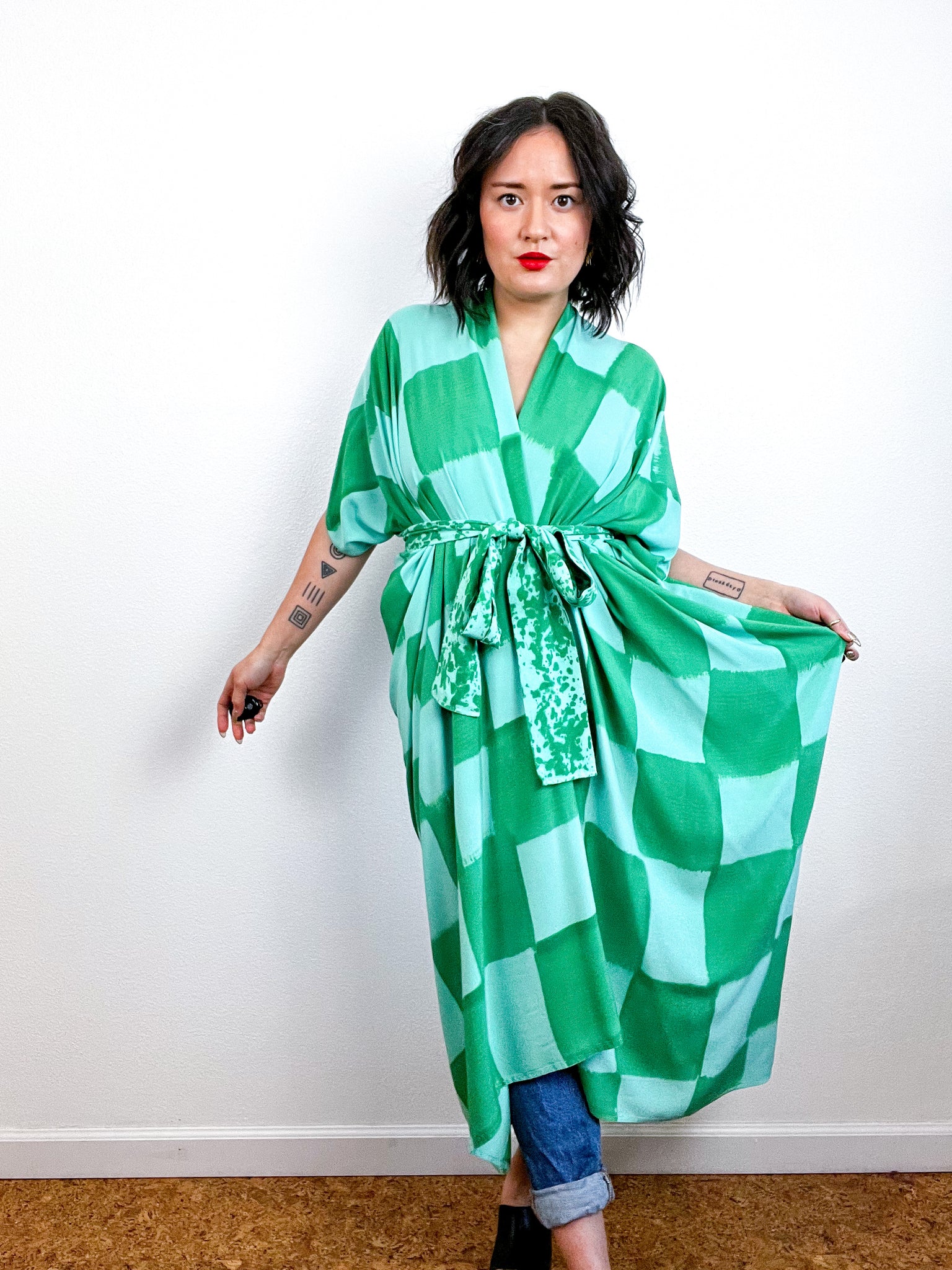 Hand-Dyed High Low Kimono Aqua Green Check