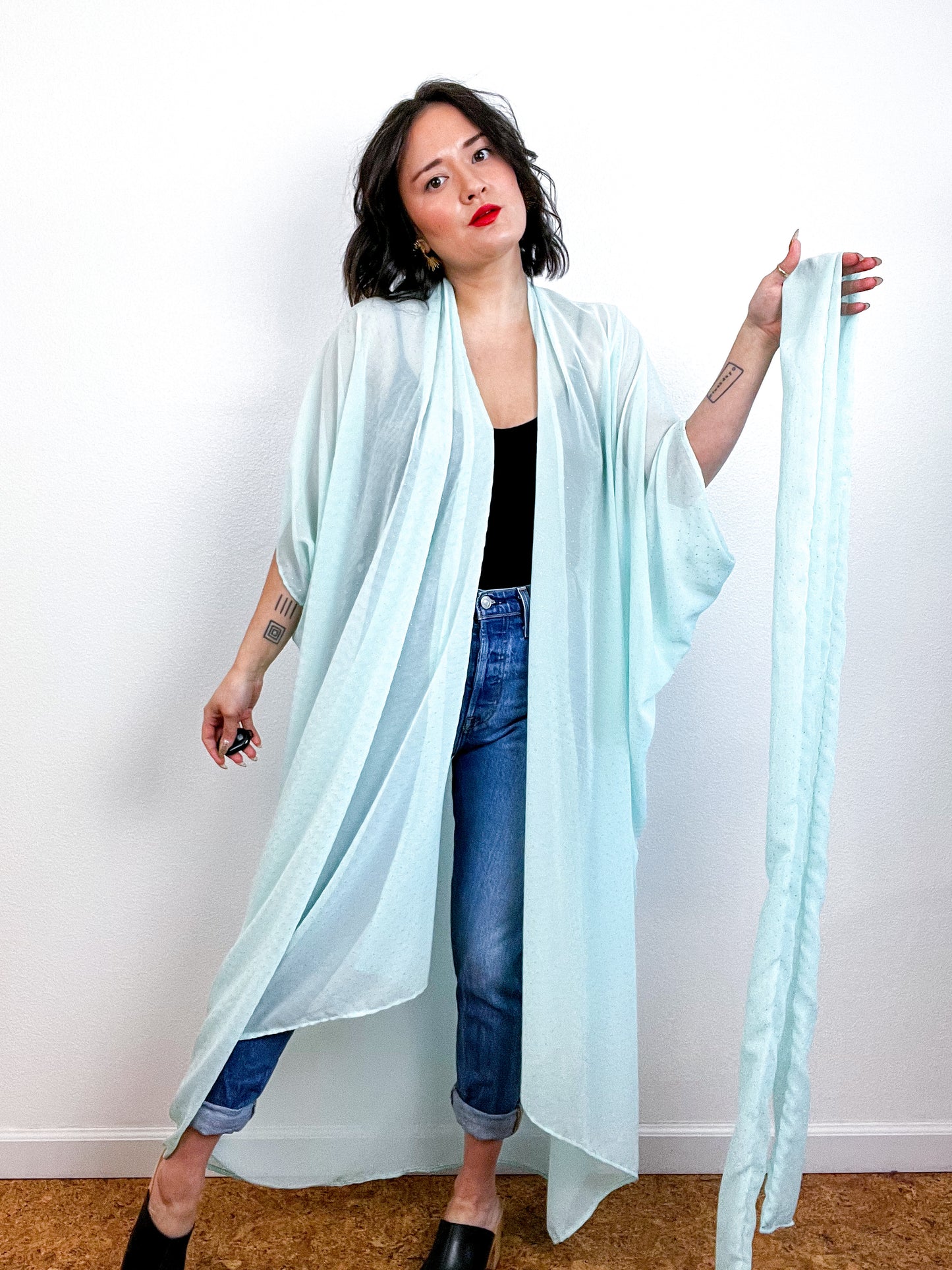 Solid High Low Kimono Mint Gold Pindot Chiffon