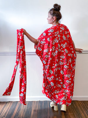 Print High Low Kimono Red Floral Slinky Knit