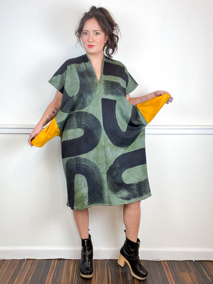 Hand-Dyed Sweatshirt Smock Dress Olive Black Brushstrokes