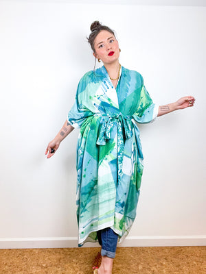 Hand-Dyed High Low Kimono Green Teal Prism