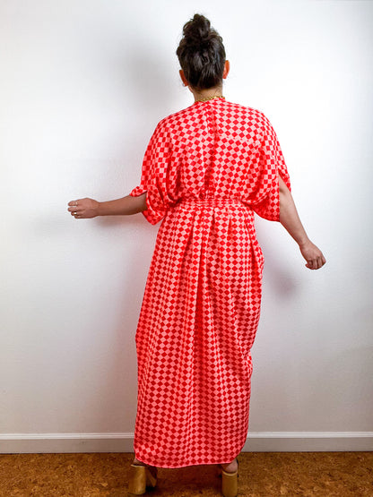 Print High Low Kimono Neon Checker Crepe de Chine
