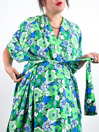 Print High Low Kimono Green Groovy Floral Challis