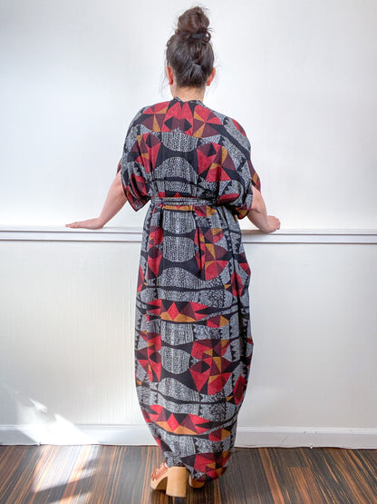 Print High Low Kimono Black White Rust Graphic Crepe
