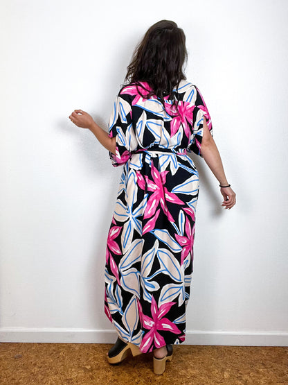 Print High Low Kimono Black Magenta Blue Large Floral Challis