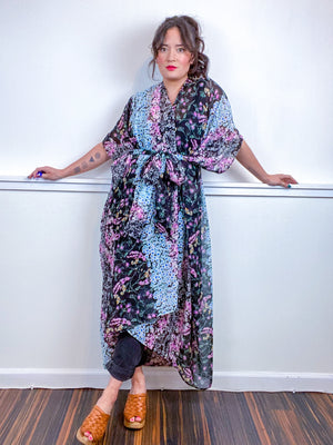 Print High Low Kimono Floral Stripe Crinkle Chiffon