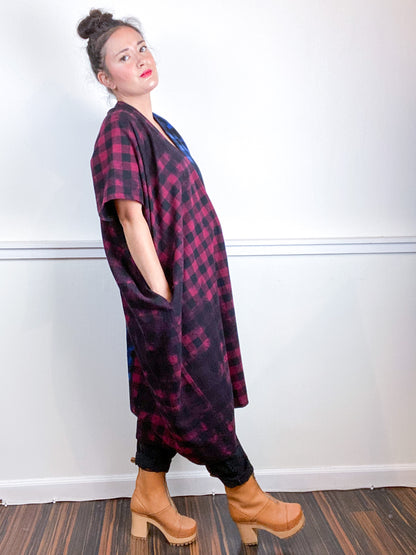 Over-Dye Plaid Smock Dress 2-Tone Blue Red Black Midi