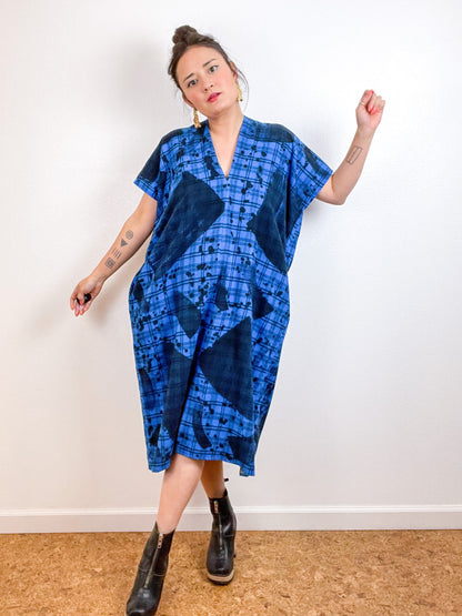 Disrupted Plaid Flannel Smock Dress Blue Brushstrokes