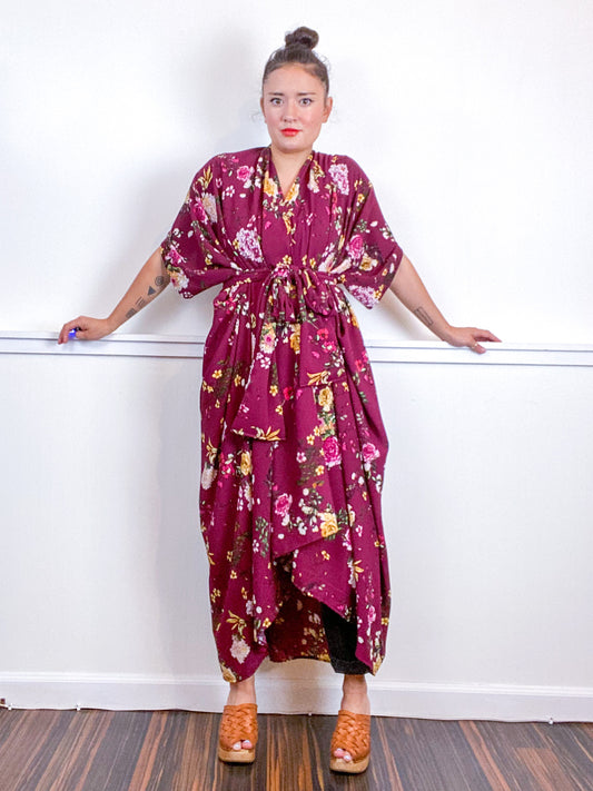 Print High Low Kimono Maroon Floral Bubble Crepe