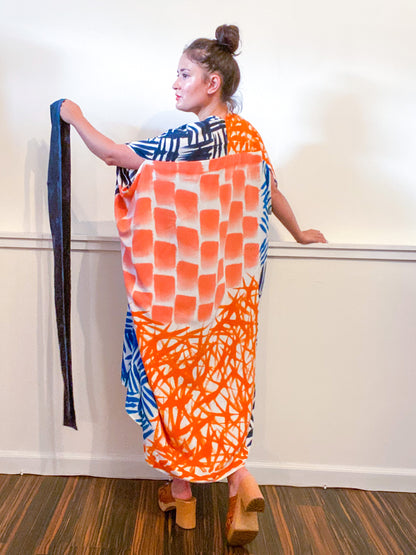 Limited Edition Hand-Dyed High Low Kimono Teal Cerulean Coral Orange