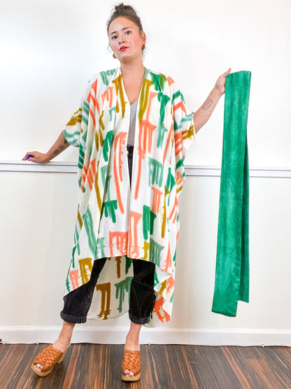 OOAK Hand-Dyed High Low Kimono Emerald Flamingo Amber Sea Drips