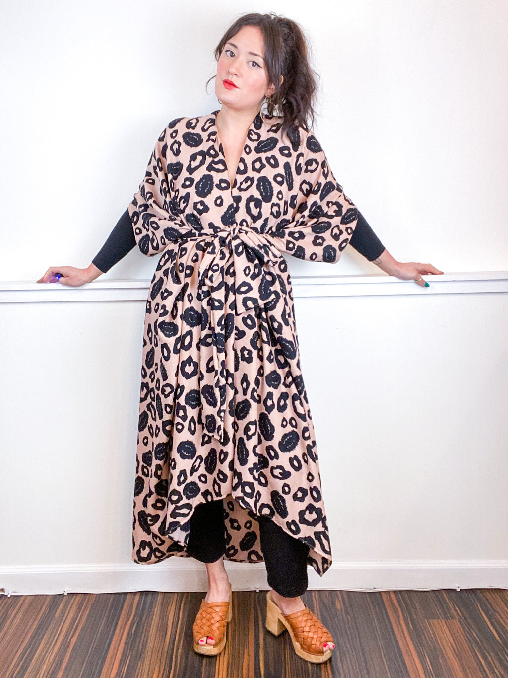 Print High Low Kimono Black Tan Leopard Rayon Challis