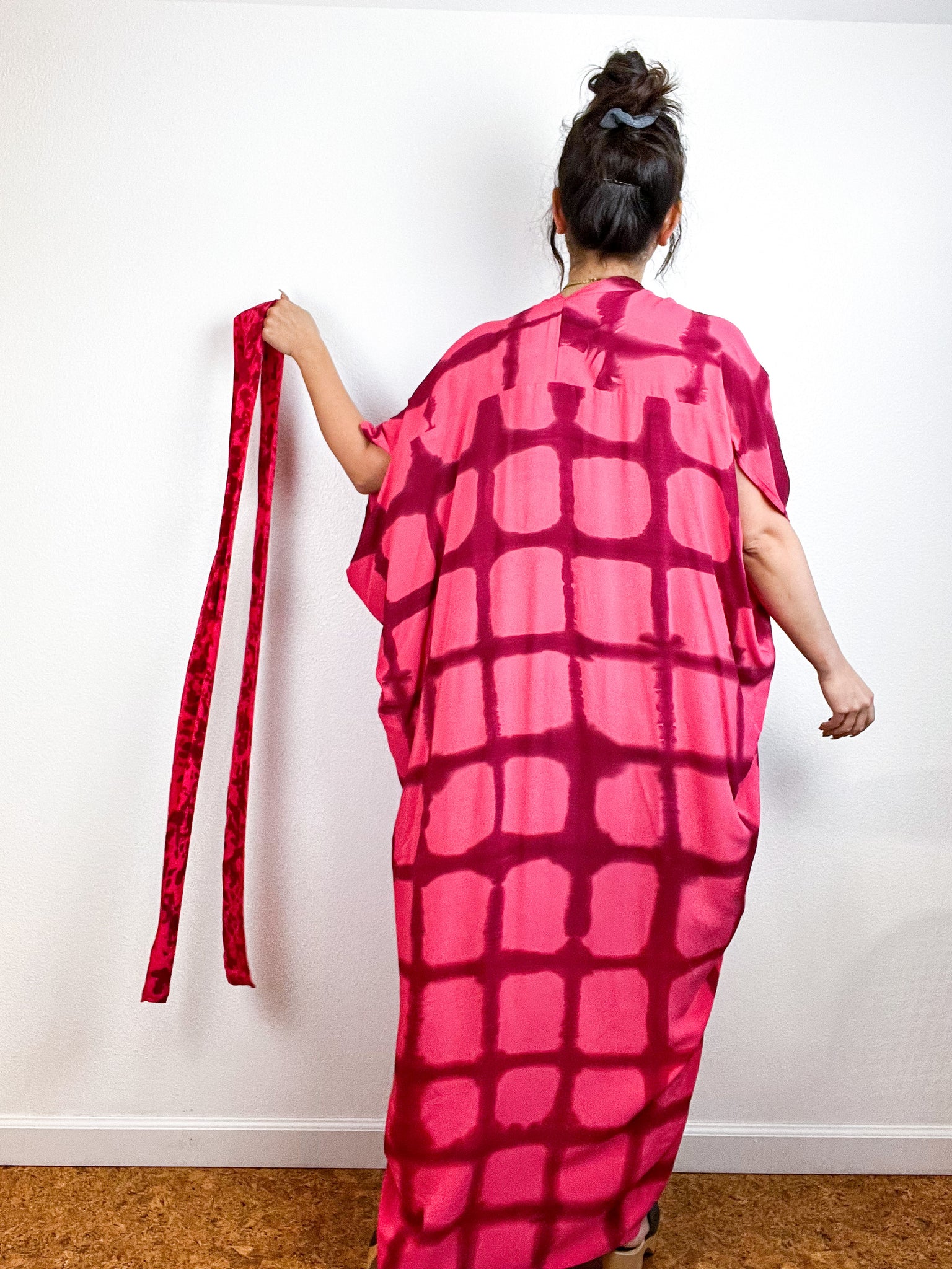 Hand-Dyed High Low Kimono Coral Maroon Windowpane