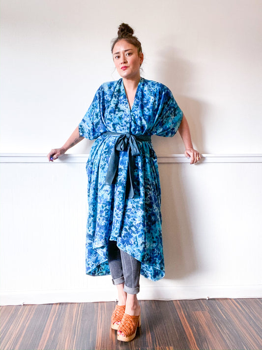 Hand-Dyed High Low Kimono Speckle Bright Blues