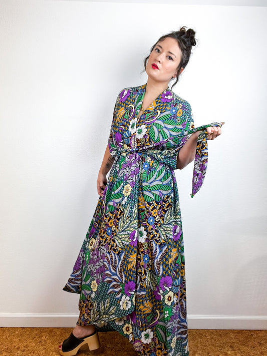 Print High Low Kimono Green Multi Floral Bubble Crepe