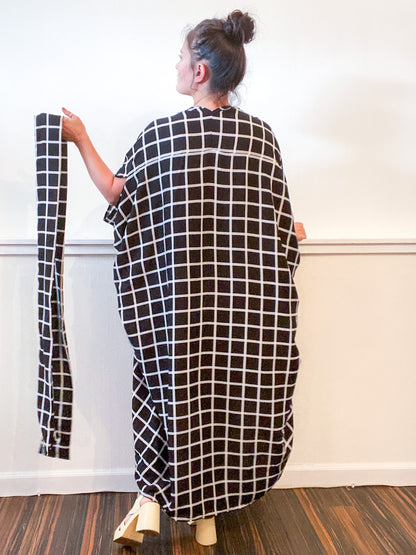 Print High Low Kimono Black Windowpane Rayon Challis