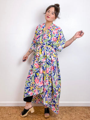 Print High Low Kimono Painterly Pastel Floral Crepe