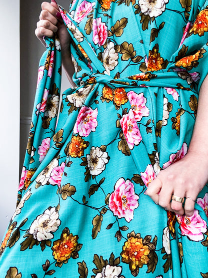 Print High Low Kimono Turquoise Floral