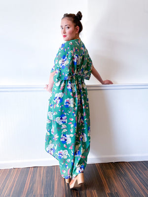 Print High Low Kimono Green Floral Georgette
