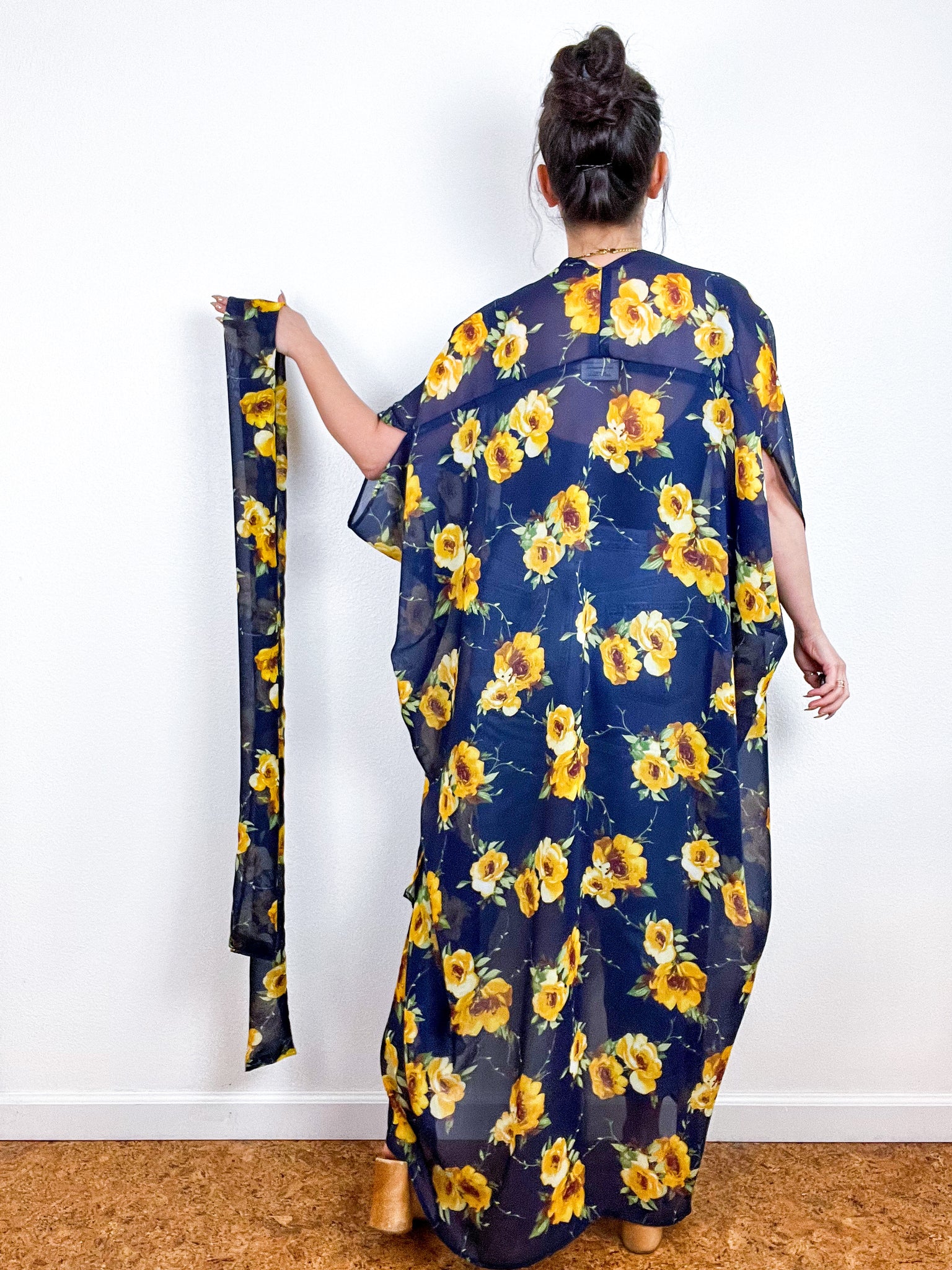 Print High Low Kimono Navy Yellow Floral Chiffon