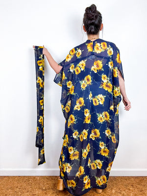 Print High Low Kimono Navy Yellow Floral Chiffon