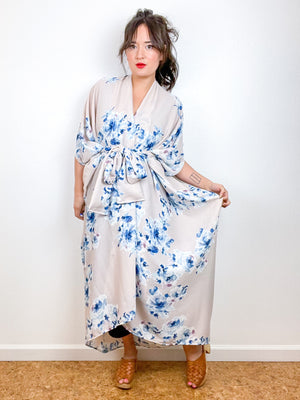 Print High Low Kimono Blush Blue Floral Crinkle Gauze