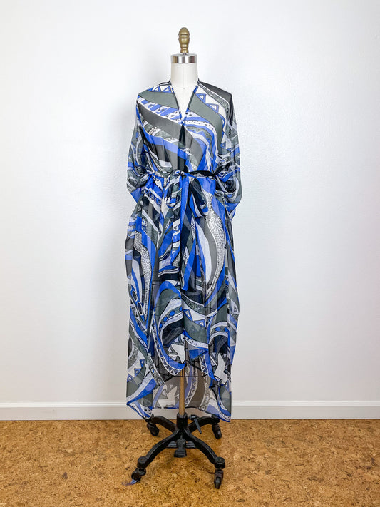 Print High Low Kimono Blue Swirl Silk Chiffon