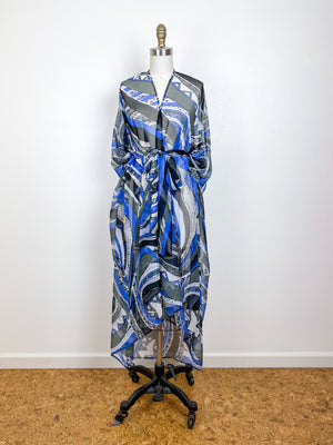 Print High Low Kimono Blue Swirl Silk Chiffon