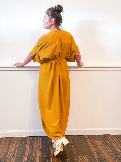 Solid High Low Kimono Turmeric Crepe De Chine