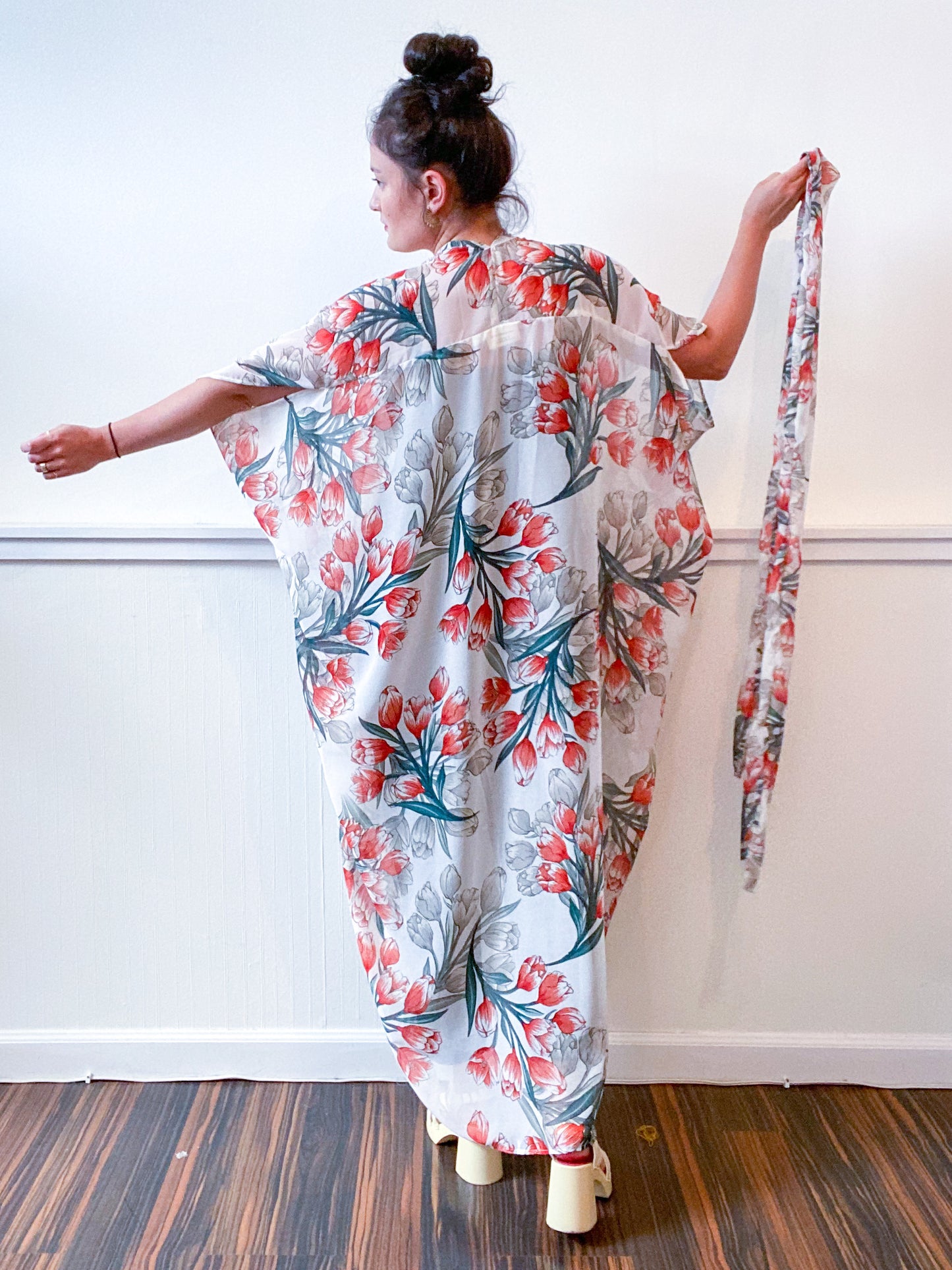 Print High Low Kimono Ivory Red Tulips Chiffon