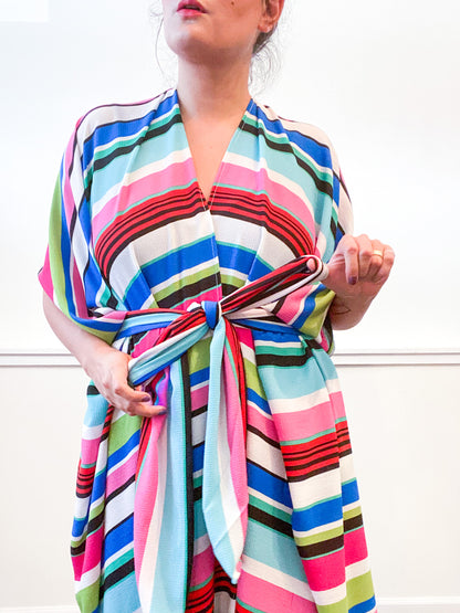 Print High Low Kimono Pink Lime Stripe Bubble Crepe