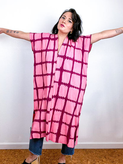 Hand-Dyed Midi Smock Dress Pink Maroon Windowpane