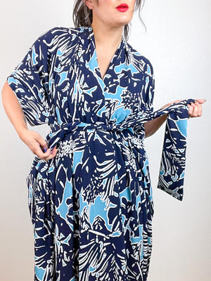 Print High Low Kimono Blue Tropical Slinky Crepe