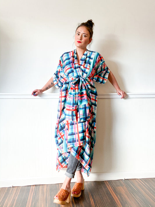 Print High Low Kimono Turquoise Orange Plaid Crepe de Chine