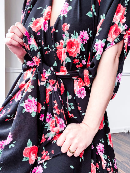 Print High Low Kimono Black Red Pink Roses