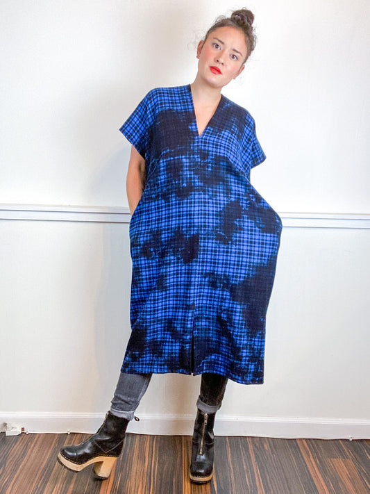 Over-Dye Plaid Smock Dress Black Blue Midi