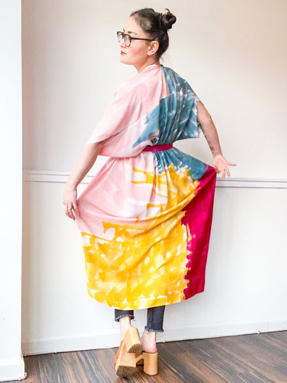 Limited Edition Hand-Dyed High Low Kimono Teal Pink Marigold